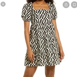 BP square neck checkerboard baby doll dress